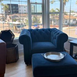Velvet Blue Accent Chair W/ Rolling Ottoman