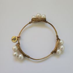 Bourbon & Bowties Gold Tone Faux Pearl Bangle Bracelet Jewelry 