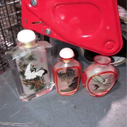 Vintage Chinese Snuff Bottles 3 Pcs| 19the Century Design Glassware | Antique Hand Painted 1950 