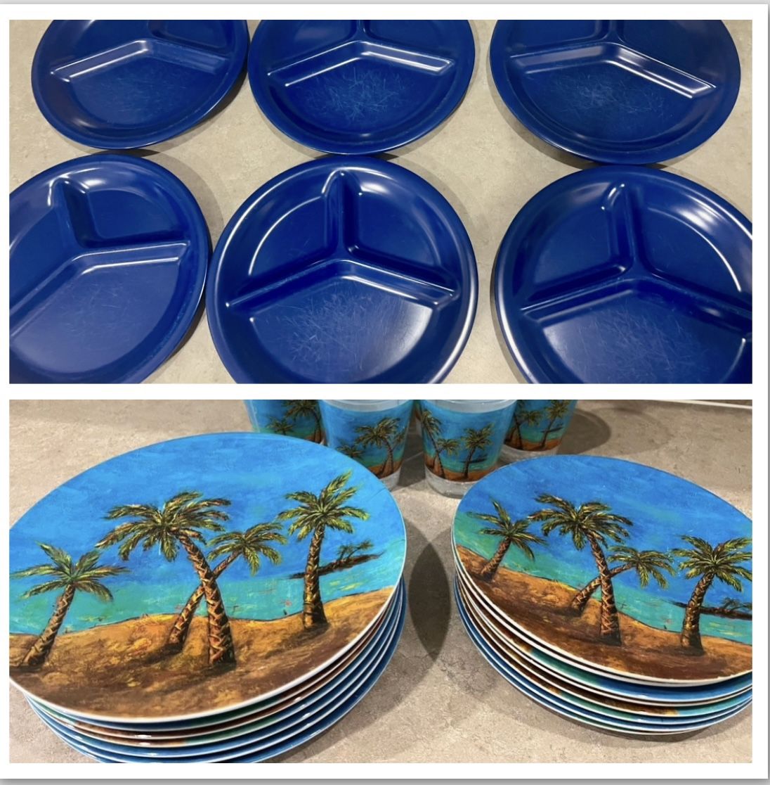 Perfect For Memorial Day! 6 Navy Blue Summer BBQ / Cookout Divider Plates. And 16 Palm Tree Dishes.