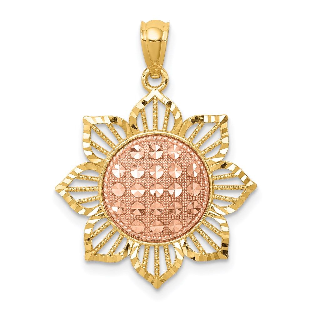 14K Gold & Two Tone Rose Plated Diamond Cut Sunflower Pendant