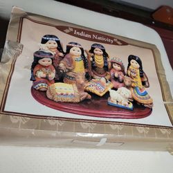 10 pc Vintage Ceramic Native American Christmas Nativity Set Indian Cute Face 