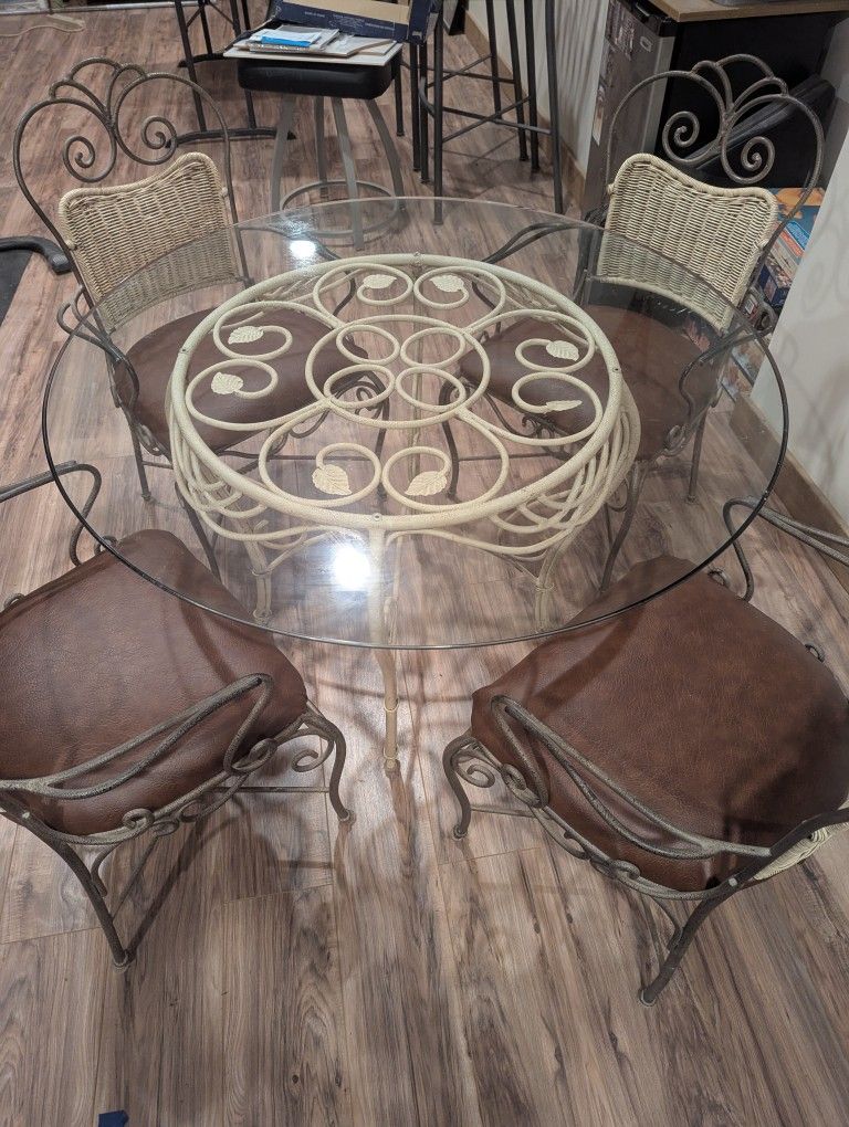 Metal Table, Glass Top, Faux Leather Seats