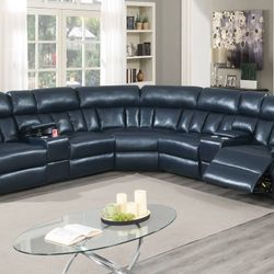 Brand New Blue Leather Power Reclining Sectional Sofa