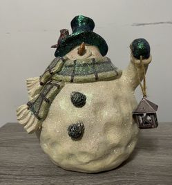Holiday Glittered Snowman Holding Lantern & Bird Home Decor
