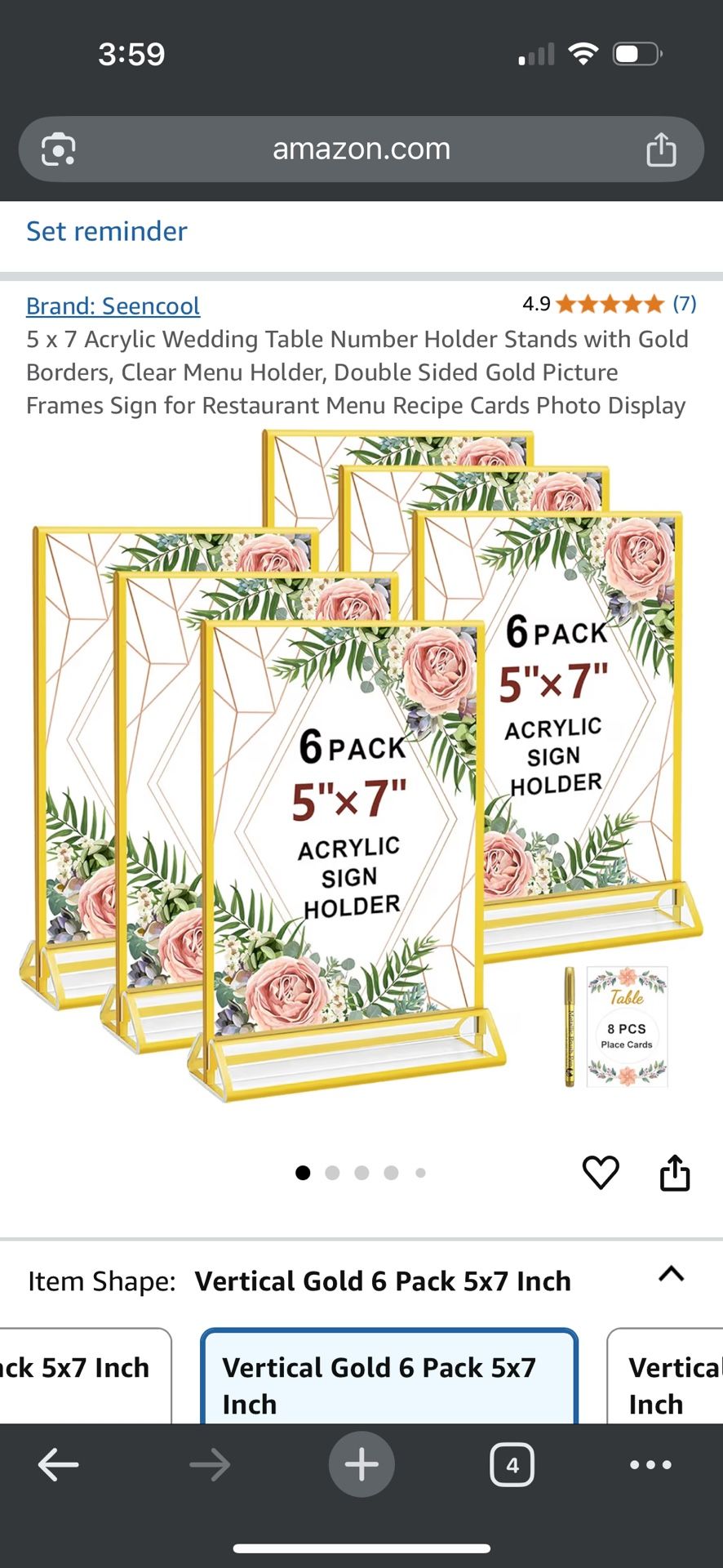 5 x 7 Acrylic Wedding Table Number Holder Stands with Gold Borders
