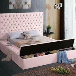 [SPECIAL] Bliss Velvet Pink Queen Storage Platform Bed


