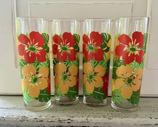 Vintage Pier 1 Hibiscus Tumbler Glasses Set of 4 - Tropical Floral Design Tiki Luau Hibiscus Flowers