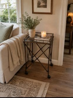 Vintage Metal & Glass Rolling Accent Table / Bar Cart