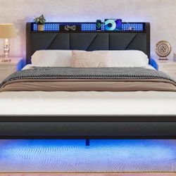 Furnulem Queen Size Bed Frame with Headboard and LED Lights,Upholstered Bedframe with Charging Station and USB Port, Platform Metal Bed Frame,No Box S