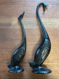 2 MCM black ceramic crane figures