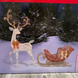 Brand New In 📦 Two Piece 58 Inch Tall Christmas Reindeer With Sleigh Set In UNOPENED Box 🦌🛷