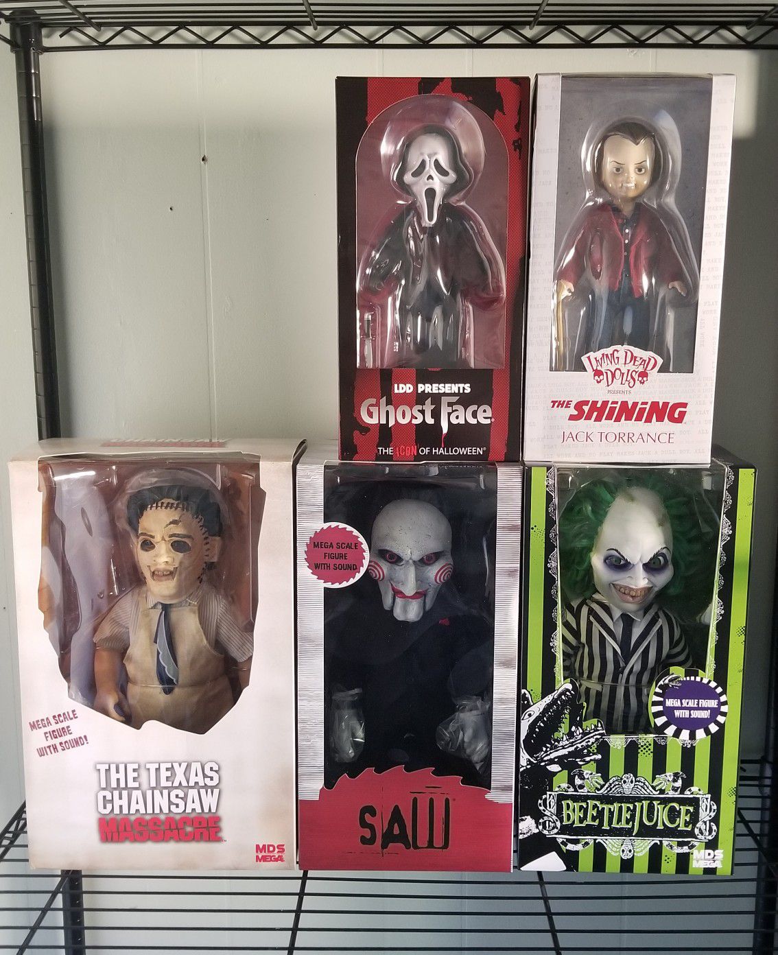 5 Brand new Horror Mezco Dolls - 3 of the 15 inch talking and 2 living dead dolls!!! Beetlejuice, Leatherface, Shining, Ghostface