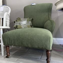 1930’s (Original insides) Lean Back Chair on Castors. New Fabric // Olive