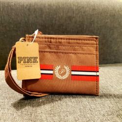 NWT PINK by Victoria's Secret Brown Wrist Wallet With Red And White Stripe