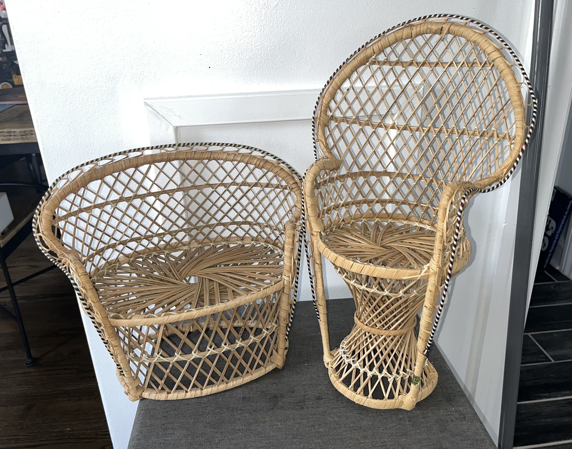 Vintage Wicker/Rattan Loveseat Couch & Boho Decor Peacock Chair ( Doll Size )