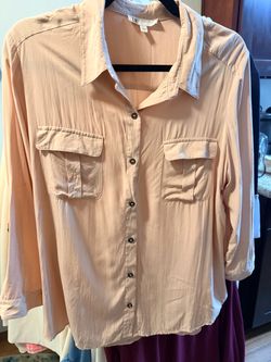 LARGE: modest peach-colored, long-sleeve utility button-down shirt
