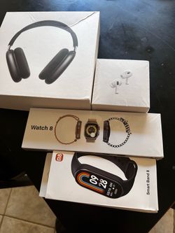 Ear buds, headphones, watch 8