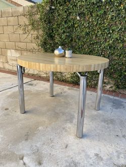 1970s Vintage Mid Century chrome & wood grain Laminate dining Table 