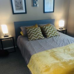 Modern Blue-Gray Queen Platform Bed + Like New Mattress + 2 Touch Lamps & Nightstands – Complete Set