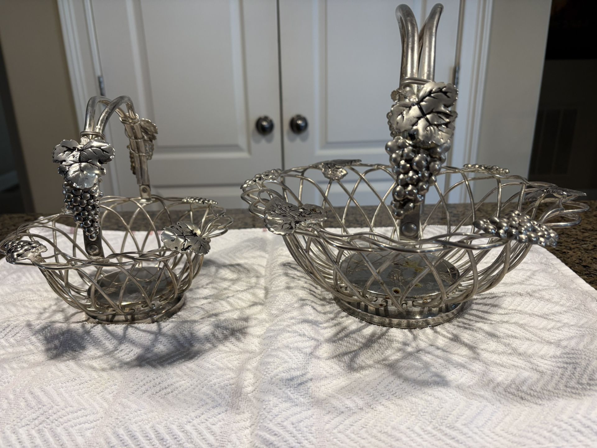 Vintage Plated Silver Grapevine Baskets With Handles, Set Of 2