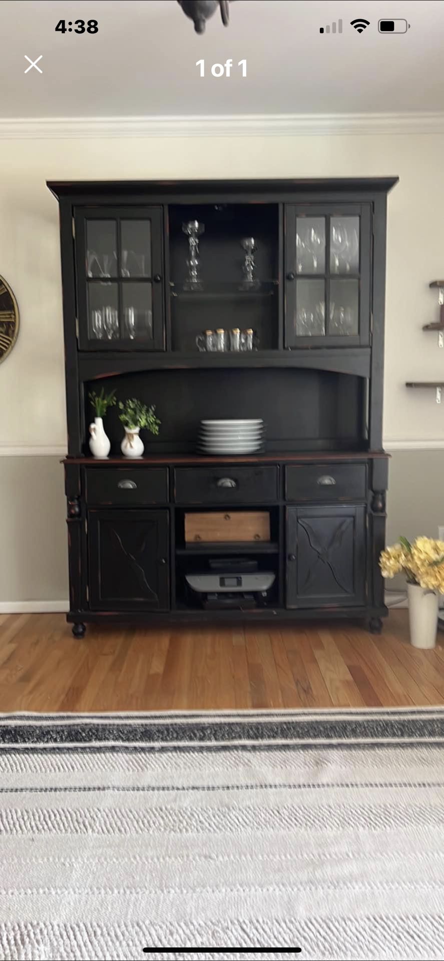 China cabinet with lighted hutch glass doors, black distressed finish gorgeous!