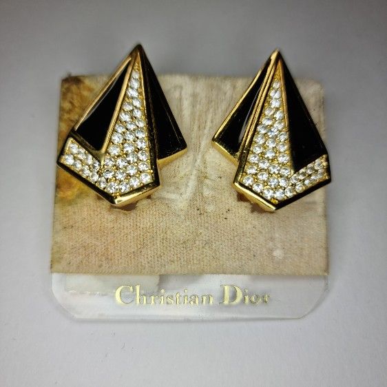 Christian Dior Clip On Gold Tone Crystal Earrings