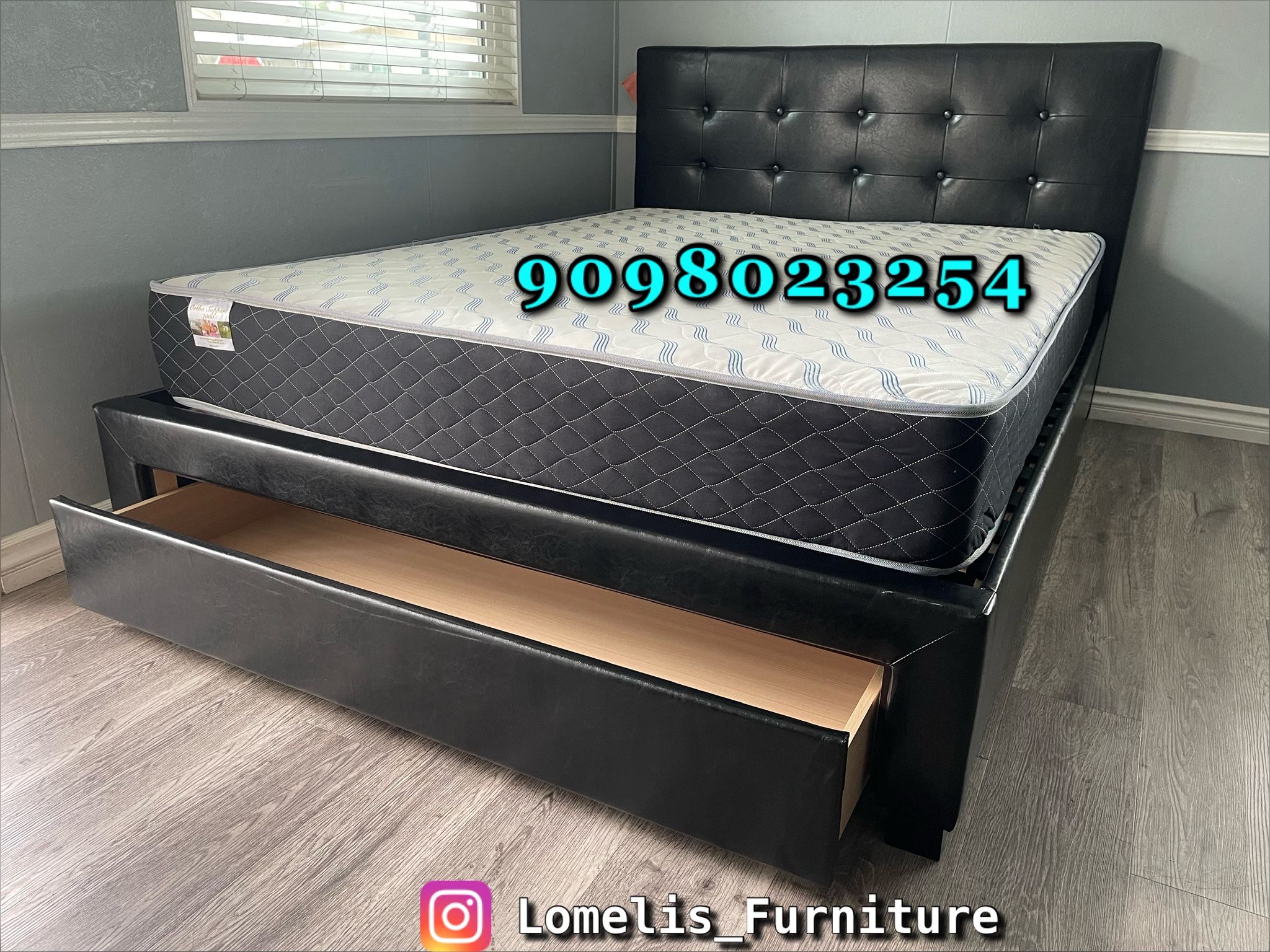 Queen Black Tufted Platform Bed w. Drawer & Orthopedic Mattress Included