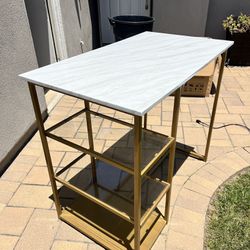 Brass Bar Table with Faux Marble Top and 3 Storage Shelves