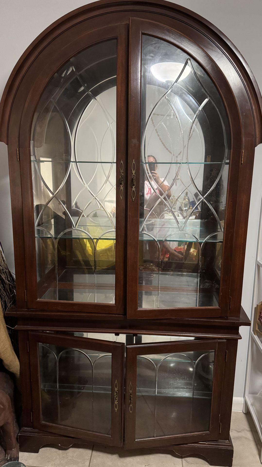 Wood Cabinet With Glass Shelves And Lights