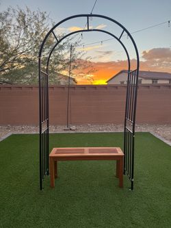 Black Metal Garden Arch with Wood Bench