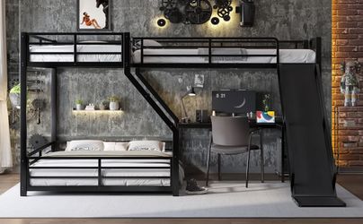 L-Shaped Twin XL over Queen Bunk Bed with Twin Size Loft Bed, Metal Triple Bunk Bed with Slide and USB Ports, Space-saving and Noise-free Design, Blac