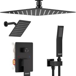 Shower Faucet Set Matte Black Shower System, STARBATH 12+6" Double Rain Shower Head System with Handheld Spray for Two People,Ceiling Mount Rainfall 3