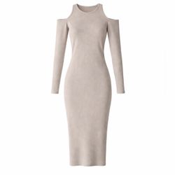 ASTR The Label NWT Tan Ribbed Cold Shoulder Midi Dress Women’s Medium Slim Fit Long Sleeve