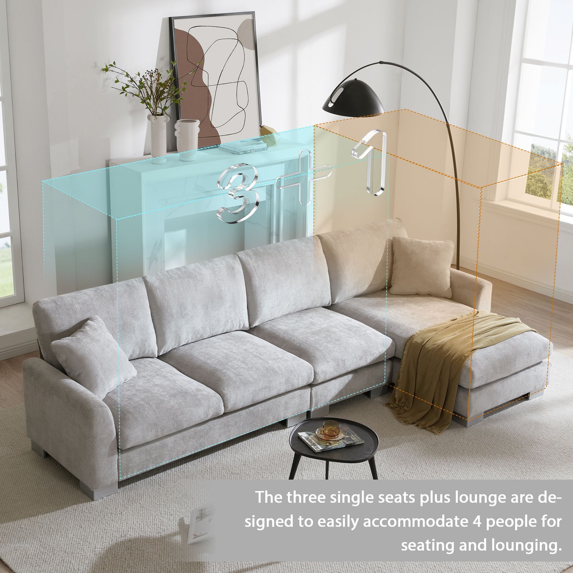 119*55 Modern Oversized Sectional Sofa,L-shaped Luxury Couch Set with 2 Free pillows,5-seat Chenille Indoor Furniture with Chaise for Living Room,Apar