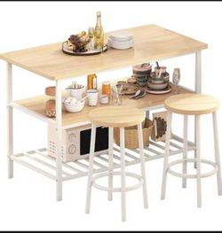 Island Table with Seating and Storage, Beige, 3 Shelves, Wooden Counter Height Table Top, 2-piece B