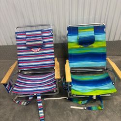 Two authentic Tommy Bahama 5-Position Wooden Handles Lay Flat Folding Backpack Beach Chairs $50 each