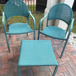 Two Teal/Blue Crate And Barrel Mesh Square Stackable Outdoor Dining Chair with Arms And Stool