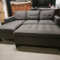 Gray Tufted L Shaped Sectional Couch with Ottoman