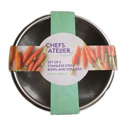 Chefs Atlier Cook Happy Stainless Steel Set Of 2 Bowl & Strainer Rinse Serve NEW