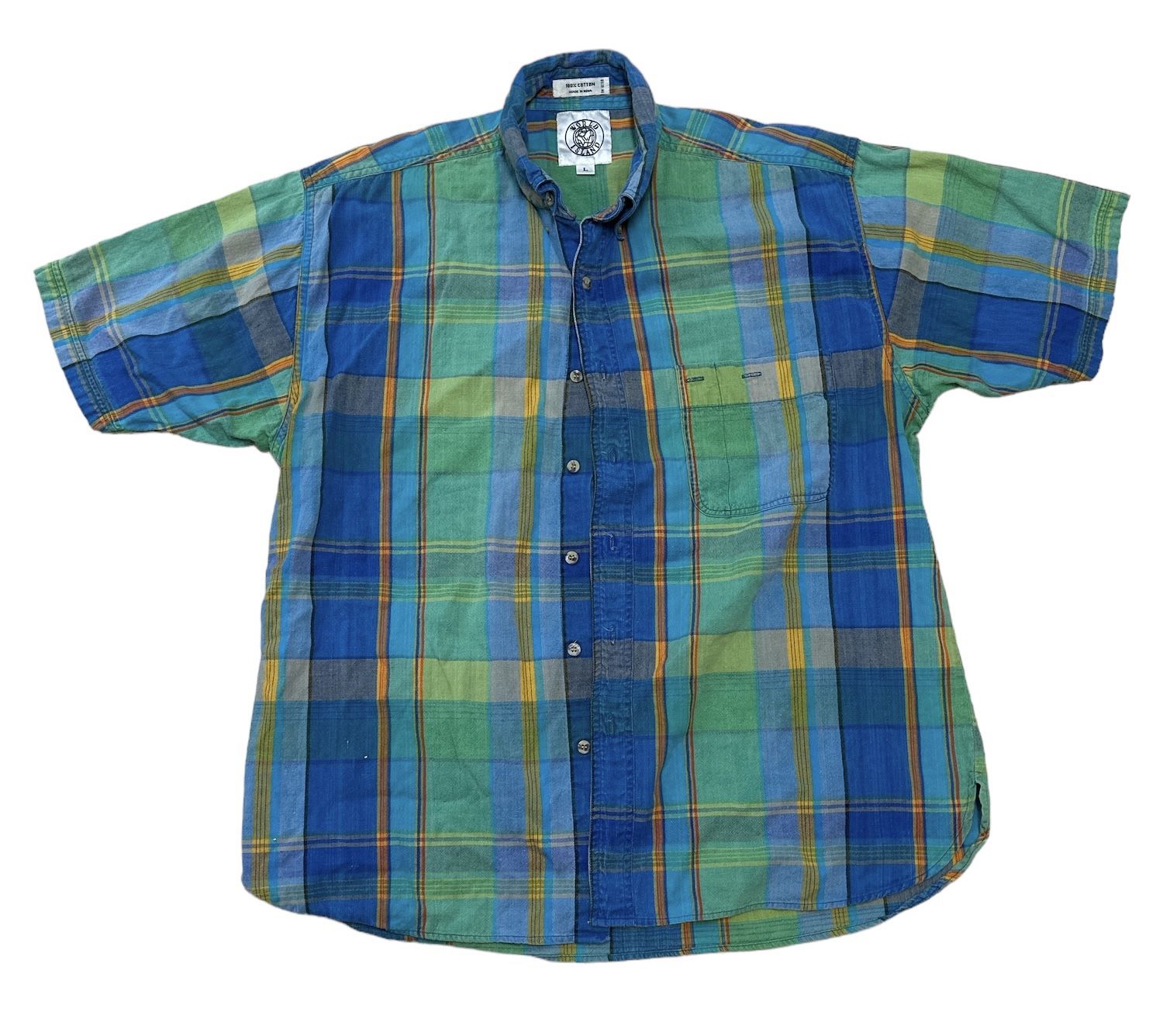 Vintage World Island Button Up Men’s L Green Blue Multicolor Plaid Pocket Shirt