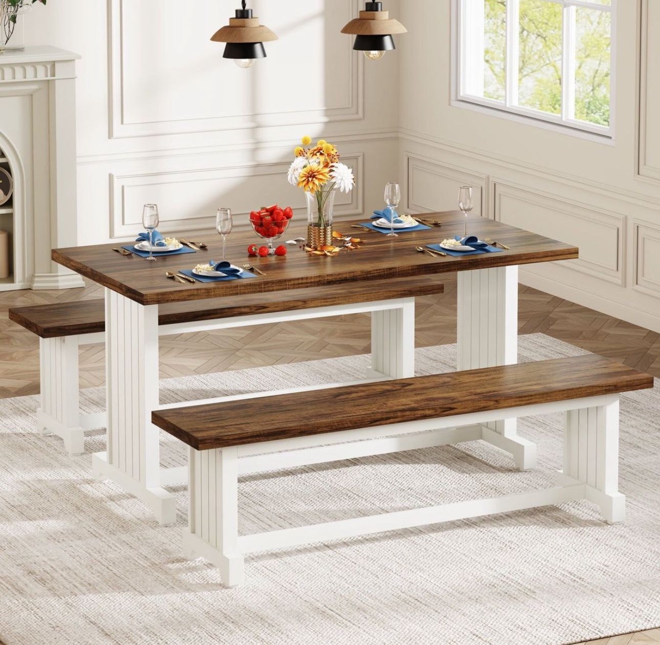 Farmhouse Dining Table Set, 47" Kitchen Table with 2 Benches Brand New still in the box (A631)