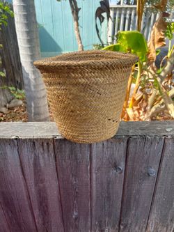 Vintage woven straw waste basket