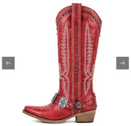 Women’s Red Knee High Western Cowgirl Boots With Embroidery Belt Buckle Charm