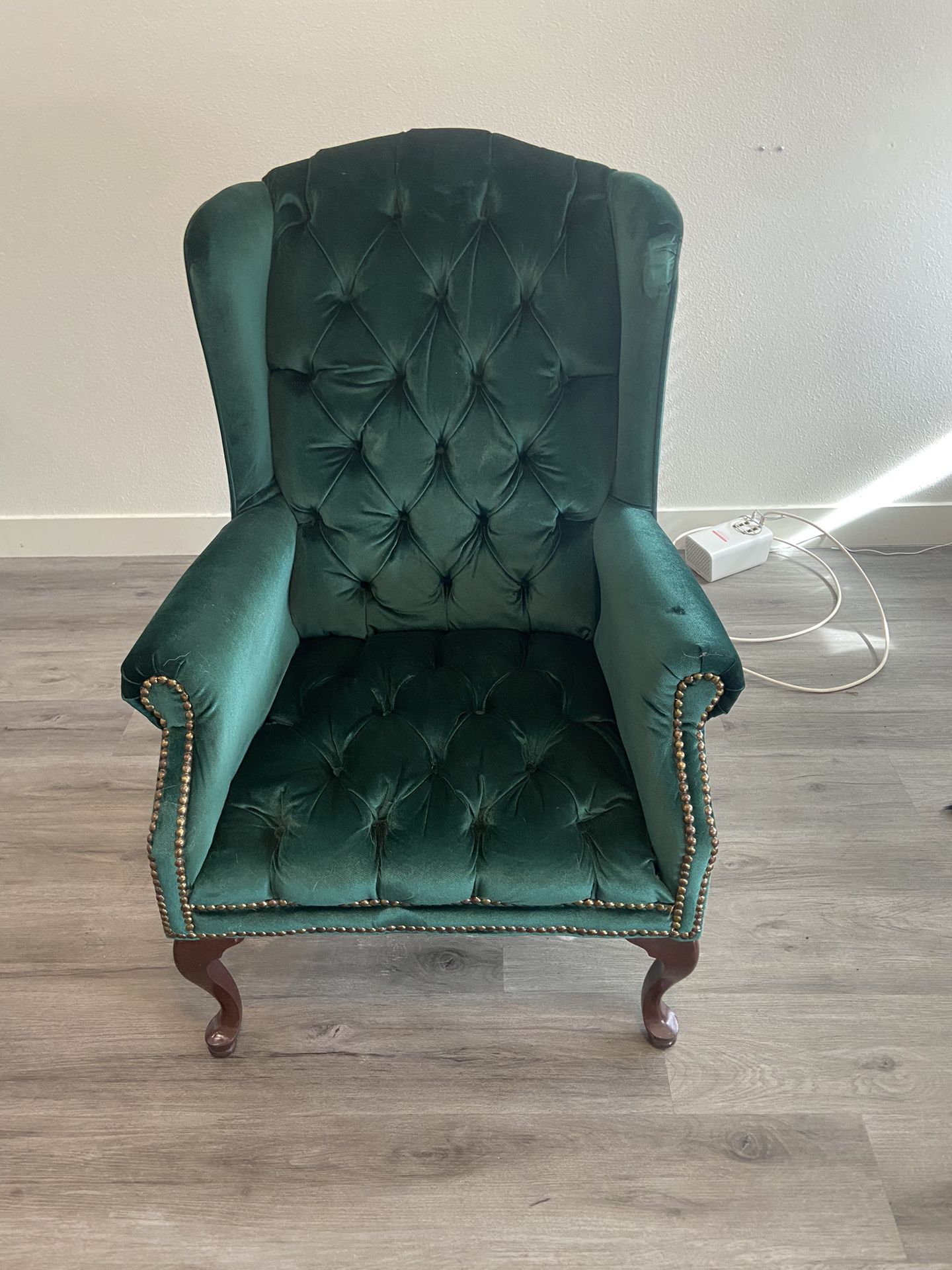 Vintage / Green Velvet/ Wingback / Tufted Arm Chair 