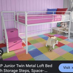 DHP Junior Twin Metal Loft Bed With Storage Steps Space, 
