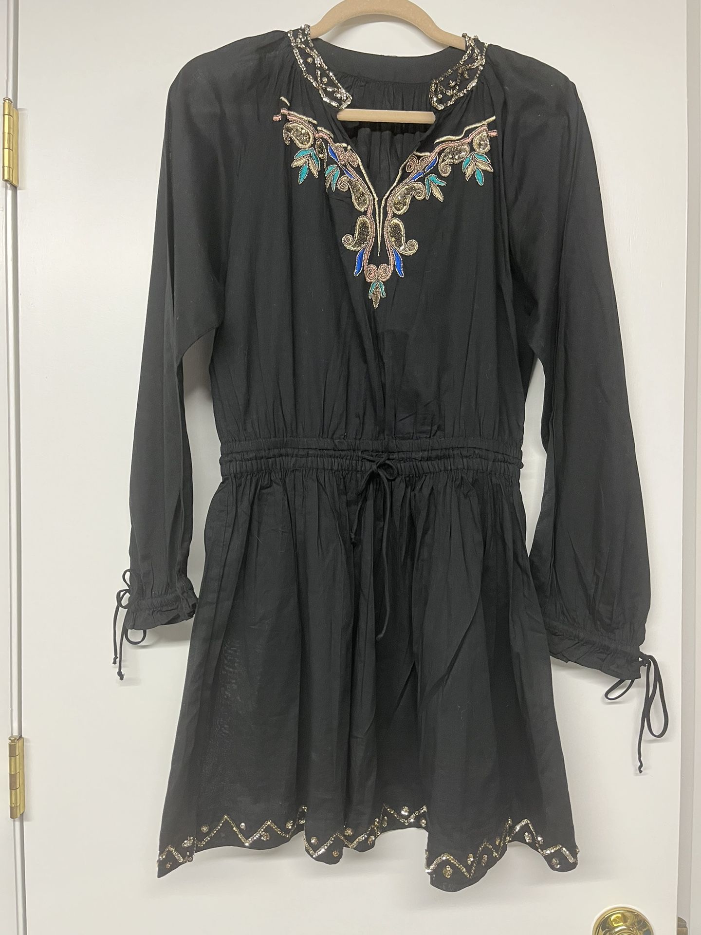 Black Cotton Long Sleeve New Cover Up With Beading 