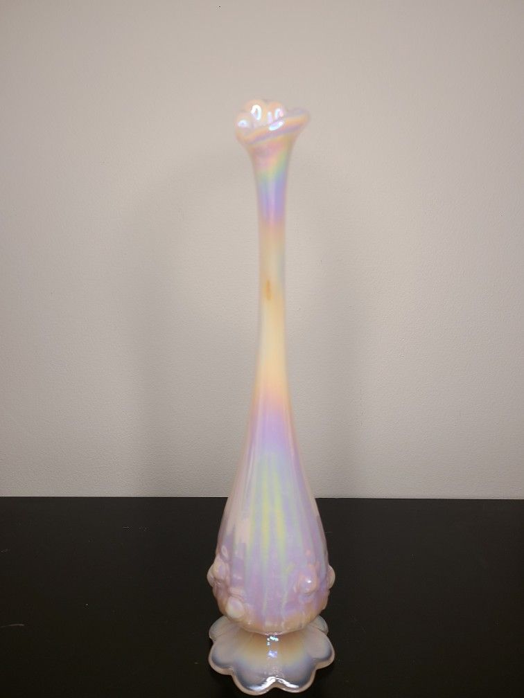 Vintage Fenton Cabbage Rose Pink Shell Iridescent Swung Bud Vase