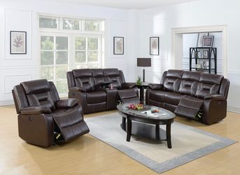 3Pcs Dark brown gel leatherette handle motion recliner sofa set (P) $1199 DELIVER AVAILABLE