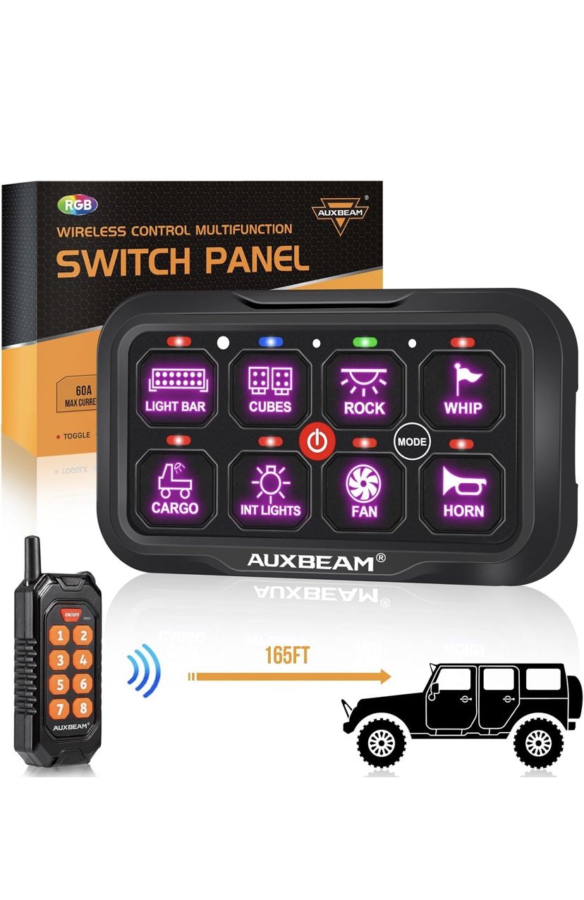 Auxbeam 8 Gang Switch Panel RC-800 RGB Wireless Remote Control Range Up to 165FT Multifunction Switch Pod 3 lighting modes with Backlit Off and Auto D